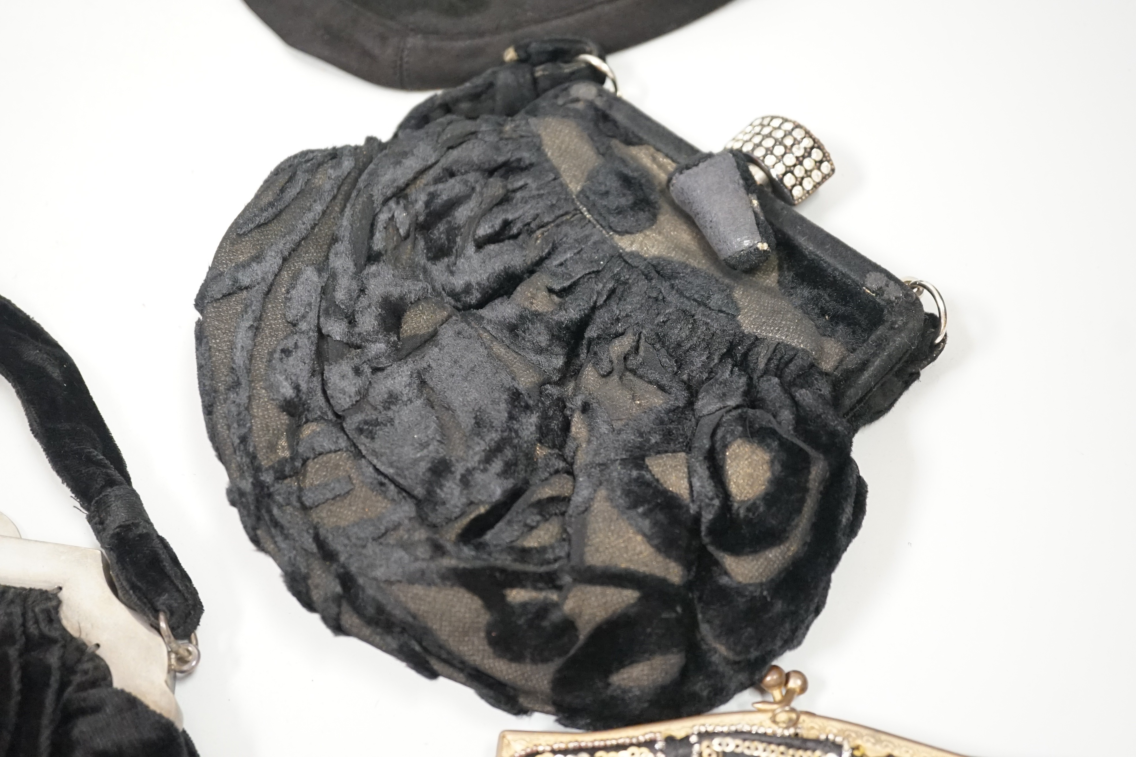 Two 1930’s-40’s evening bags with diamanté encrusted Bakelite frames together with five others with similar diamanté clasps (7)